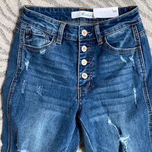 Kancan 25 or 3 button fly high rise distressed tapered leg jean